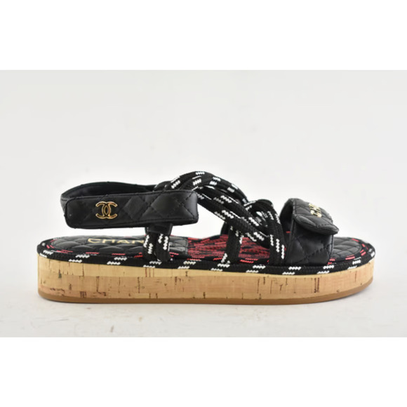 Chanel 20S White Black Cord Rope Quilted CC Logo Mule Slide Strap Sandal Flat 36 - Picture 5 of 12
